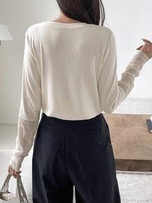 DAZY Ren Vá lại Tay áo dài Áo thun - Màu be - Xem 7