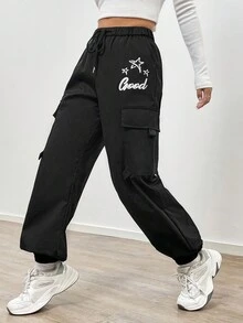 SHEIN Unity 星號字母印花束口腰休閒運動長褲,帶彈性束口 - 黑色 - 查看 5