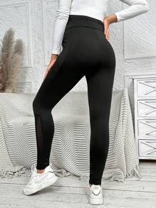SHEIN Maternity Knitted Long High Waist Leggings - Black - View 2