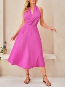 SHEIN Vestido Midi Frente única Liso Rodado Elegante Feminino - Hot Pink - View 5