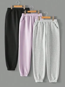 RueChic 3pcs Teen Girls' Elastic Waist, Slant Pockets, Fleece Lined Sweatpants - Multicolor - View 1