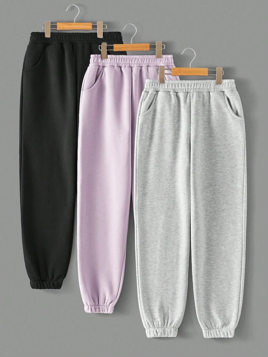 RueChic 3pcs Teen Girls' Elastic Waist, Slant Pockets, Fleece Lined Sweatpants - Multicolor - View 1