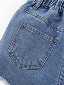 Little Girls' Floral Print Distressed Frayed Edge Denim Shorts - Light Wash - View 6