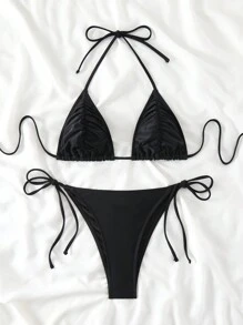 SHEIN Swim Pleated Triangle Cup Knot Side Bikini Set Music Festival Summer - Black - View 3