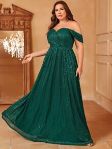 Vestido De Fiesta Largo De Lentejuelas Con Hombros Descubiertos Para Mujeres De Talla Grande - Verde Oscuro - Ver 5