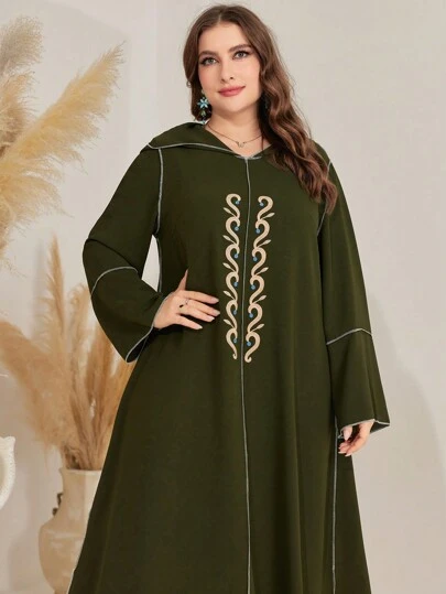 Al Najma Plus Size Long Sleeve Hooded Dress With Embroidered Pattern Kaftan Jalabiya Dress