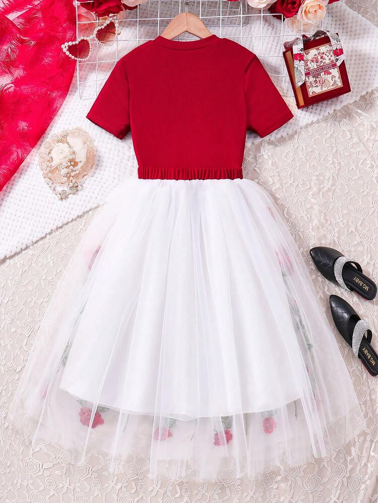 Tween Girls' Knitted Top And Embroidered Flower Mesh Skirt Outfits, Perfect For Spring/Summer Parties