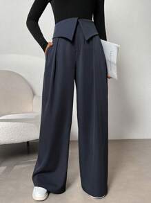 SHEIN Essnce 女士深灰色時尚高腰折疊設計寬腳褲,多樣化風格 - 深灰色 - 查看 5