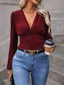 SHEIN Clasi 纯色褶皱深 V 领衬衫、长袖上衣 - 酒紅色 - 查看 4