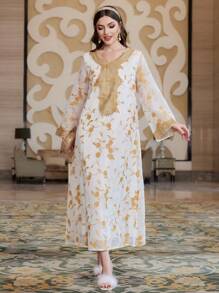Al Najma 色塊刺繡花卉拼接鈴袖連衣裙 - 杏色 - 查看 5