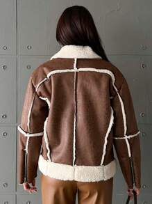 EURMUSE Women'S Teddy Fur Lined Zipper Front Regular Fit Jacket - Brown - View 4