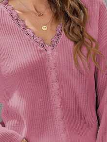 女士v領純色優雅針織花邊修飾休閒長袖套頭毛衣 - 藕粉色 - 查看 4