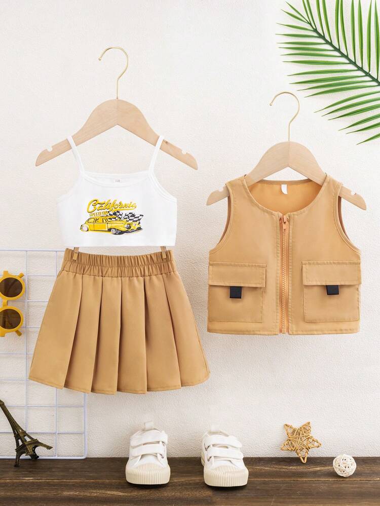 Fashionable Baby Girls' Car Print Cami Top, Zip Up Vest Jacket And Pleated Skirt Set