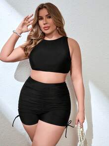 SHEIN Swim Curve 女士大码纯色褶皱比基尼套装，适合夏季海滩度假 - 黑色 - 查看 5