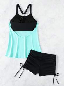 SHEIN Swim Summer Beach Contrast Color 2-In-1 Tank Top & Drawstring Side Shorts Tankini Set Music Festival - Blue - View 4