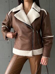 EURMUSE Women'S Teddy Fur Lined Zipper Front Regular Fit Jacket - Brown - View 6