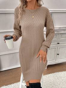 SHEIN Clasi Women's Solid Color Drop Shoulder Sweater Dress - Khaki - View 4