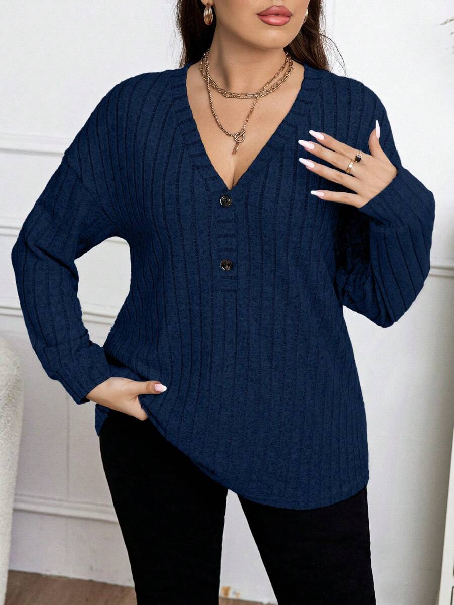 Elenzga Camiseta De Punto Acanalado De Color Sólido De Talla Grande - Azul Marino - Ver 1