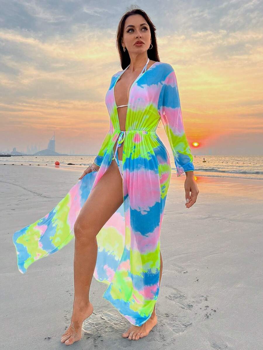 SHEIN Swim Summer Beach 1pc Women's Tie-Dye Kimono With Drawstring Waist Carnival - Multicolor - View 1
