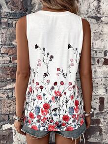 SHEIN LUNE 女士花卉印花 V 领无袖上衣 图案 T 恤 女士上衣 - 白色 - 查看 2
