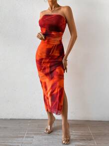 Chiquease 女士tie-dye無肩帶連衣裙 - 橘色 - 查看 4