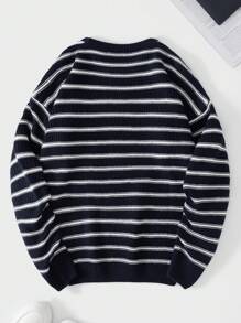 SHEIN Cottnline Men's Round Neck Striped Sweater - Navy Blue - View 2