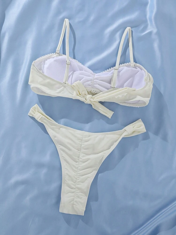 Flower Embellished Bikini Set With Straps Summer Beach