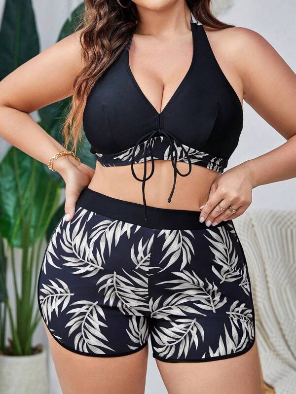 Swim Lushoire Summer Beach Plus Size Women's Tropical Print Splice V-Neck Halter Bikini Swimwear Set Carnival