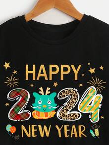 SHEIN Tween Boys' Casual Short Sleeve Round Neck T-Shirt With New Year Print, Suitable For Summer - Black - View 3