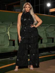SHEIN SXY Plus Size Glitter Sequin Tassel Backless Jumpsuit - Black - View 7