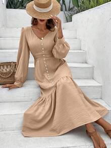 SHEIN Essnce Women'S Waist Ruffle Pleated Hem Lotus Leaf Hem Dress - Apricot - View 5