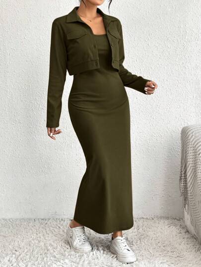 SHEIN Essnce 女士純色鈕扣前夾克和長拖尾裙套裝