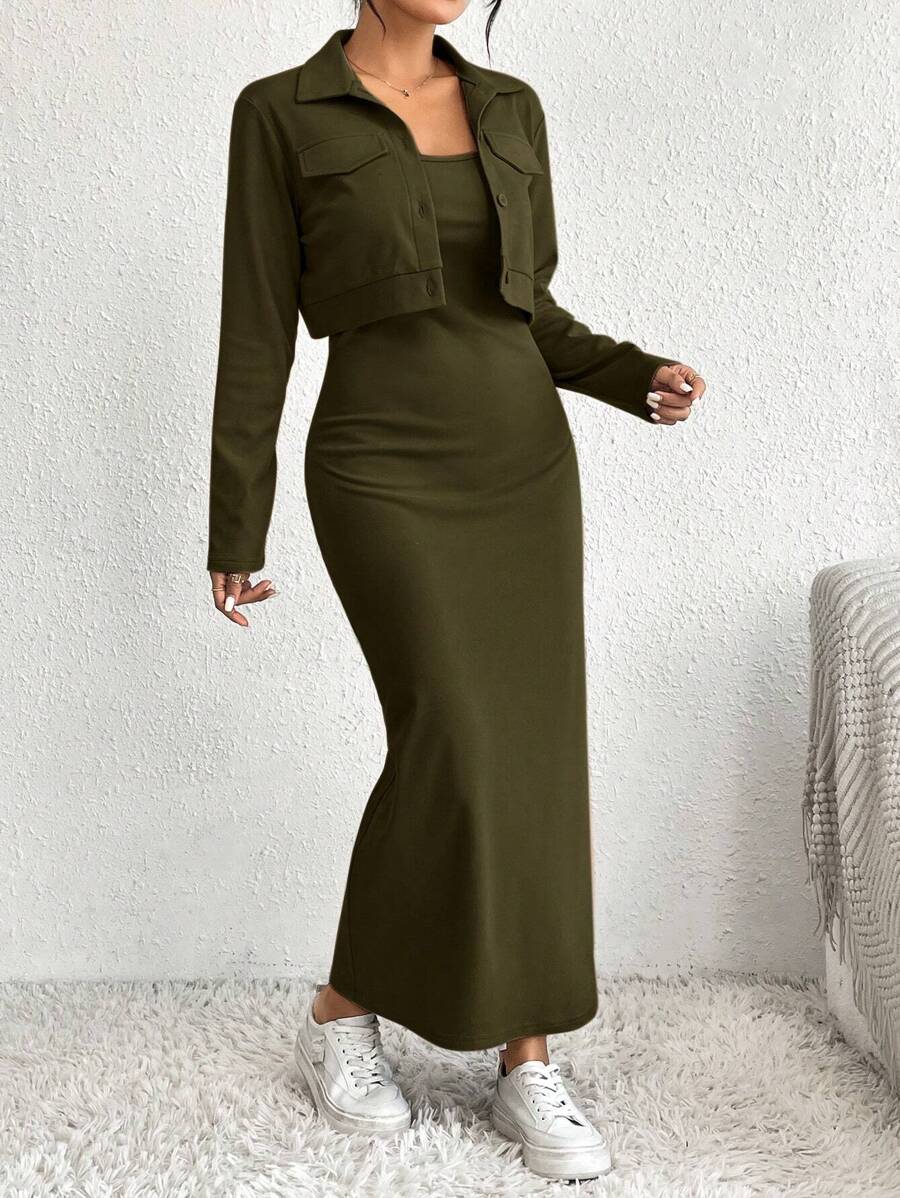 SHEIN Essnce Của phụ nữ Màu thuần Nút phía trước Áo khoác Và Váy liền áo Bộ - xanh quân đội - Xem 1
