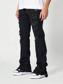 SUMWON Flare Fit Distressed Jean With Side Snaps - Black - View 1