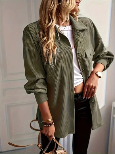 Women's Corduroy Vintage Cargo Shirt Jacket, Long Sleeve Casual Spring