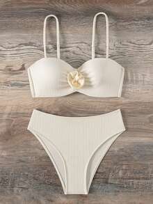 SHEIN Swim Conjunto de bikini de tirantes con ribete de volantes para mujer, ideal para bodas - Beis - Ver 7