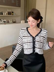 DAZY Women's Striped Fluffy Cardigan