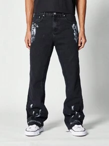 SUMWON Flare Fit Jean With All Paint Print - Black - View 2