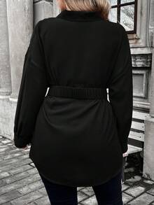 SHEIN Franclia 大尺碼女士純色長袖襯衫 - 黑色 - 查看 2