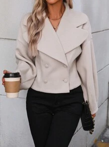 SHEIN LUNE 女士襯衫式雙排釦羊毛外套 - 杏色 - 查看 1