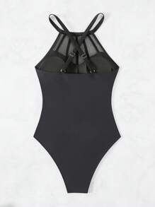 SHEIN Swim 女士網紗拼接領口一片式泳衣狂歡節