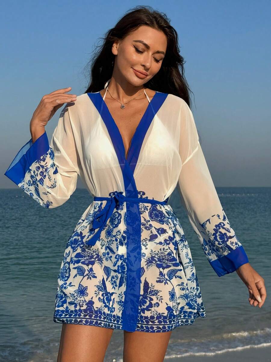 女士花卉印花和服套裝,下垂肩長袖款 - 彩色 - 查看 1