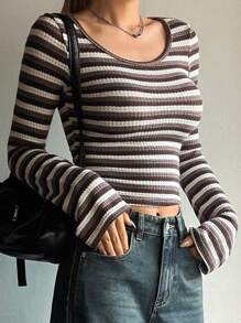 DAZY Women's Striped Long Sleeve T-Shirt - Brown - View 2