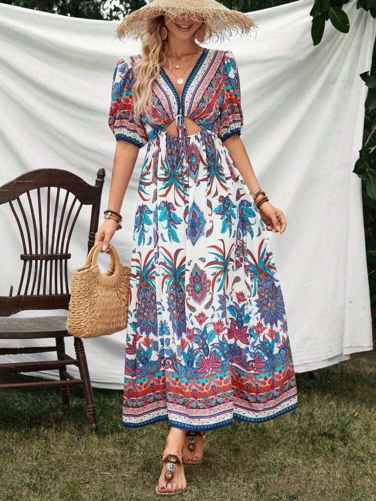 Women'S Hollow Out V-Neck Dress With Paisley Print