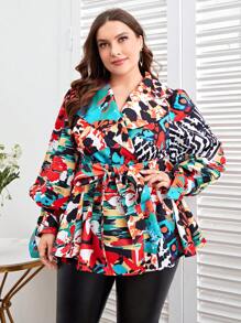 Sylvia Mollie Designer Business Casual Plus Allover Print Belted Coat, For Holiday, Vacation, Going Out, Spring, Festival, Ibiza Fits - Multicolor - View 6