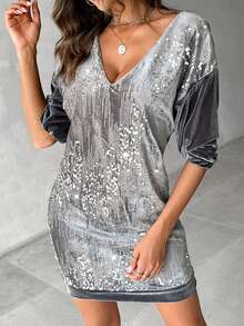 Velvet Dress With Sequin Detailing - Grey - View 4