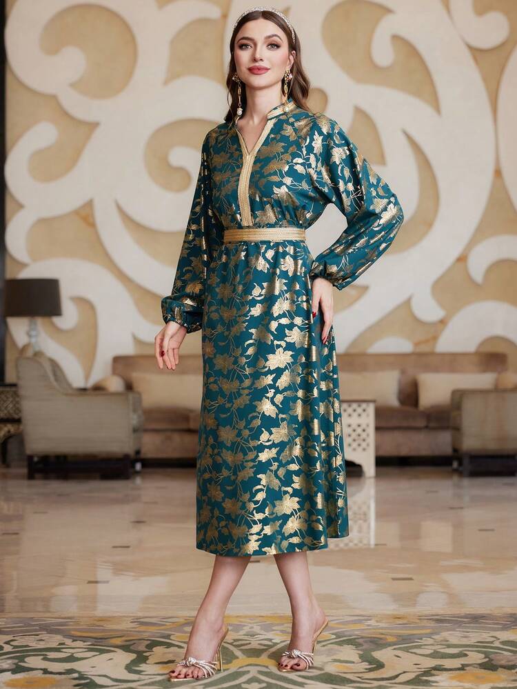 Women's Floral Print Notched Neckline Dress With Cut-Out And Weave Detail, Elegant Luxury Evening Party Style Fall Cloth For Women