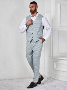 Manfinity Mode 男士加大碼棋格背心和褲子套裝 - 綠色 - 查看 1