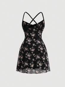 SHEIN MOD Plus Size Women's Floral Printed Back Crossed Dress For Summer