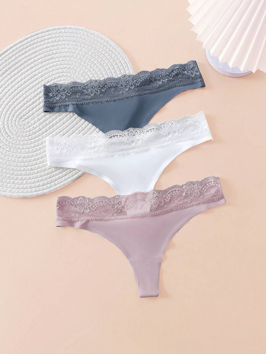 Women's Casual Comfy Knitted Fabric Plain Thong Panties With Contrast Lace Detail Multi-Color Pack - Multicolor - View 1